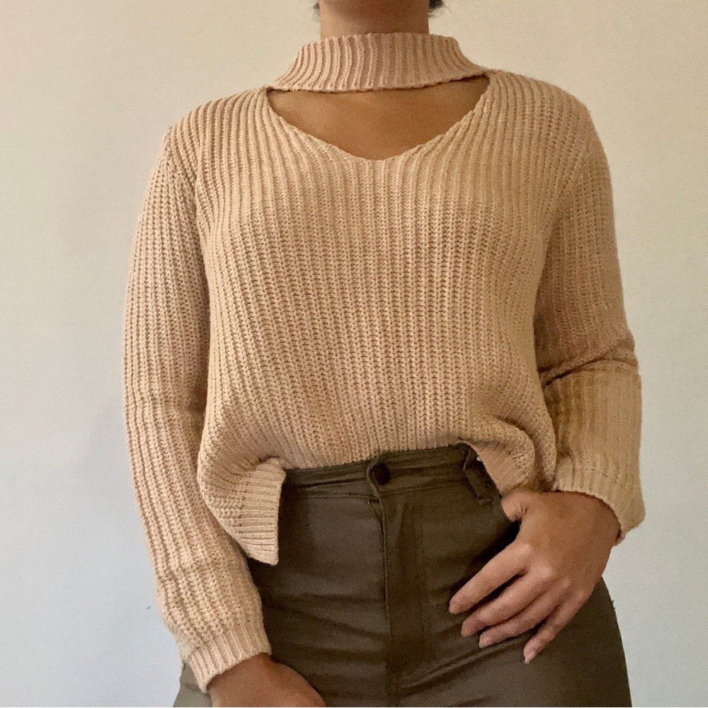 Beige / Pink High Low Cutout V neck Sweater
